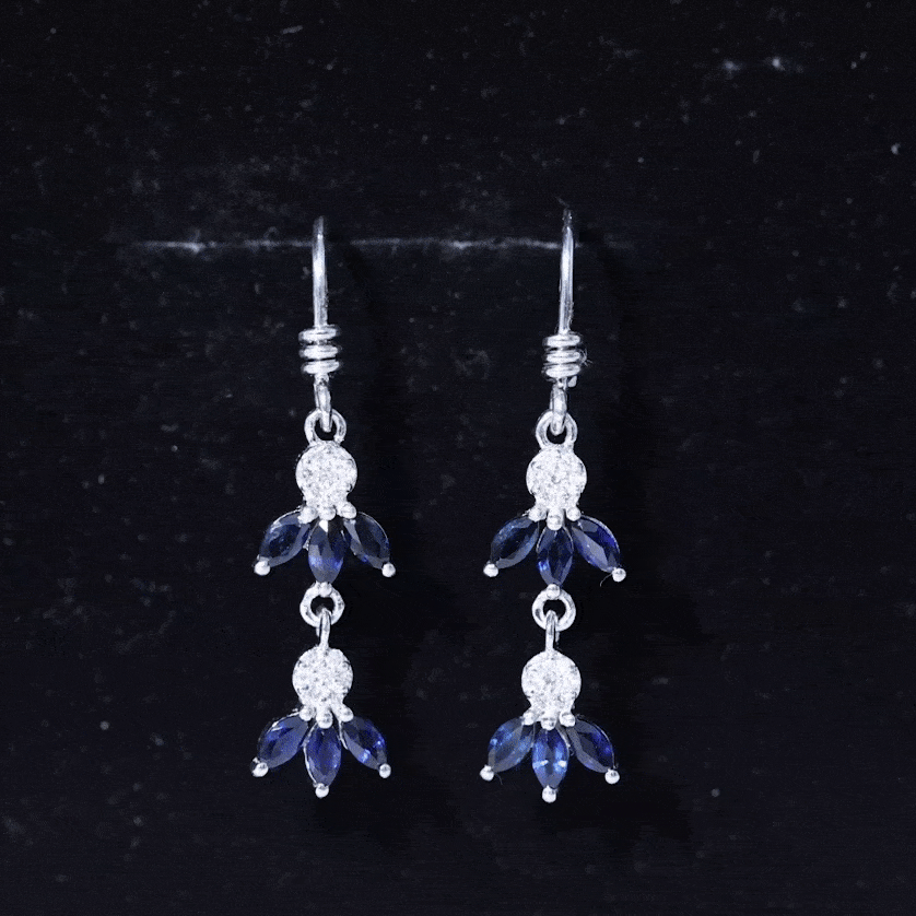 Natural Blue Sapphire and Diamond Leaf Dangle Earrings