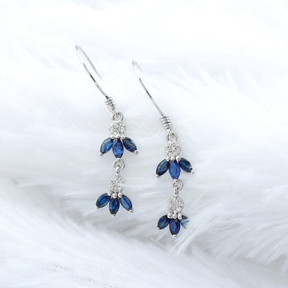 Natural Blue Sapphire and Diamond Leaf Dangle Earrings