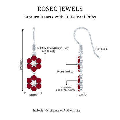 Natural Ruby Flower Dangle Earrings with Fish Hook