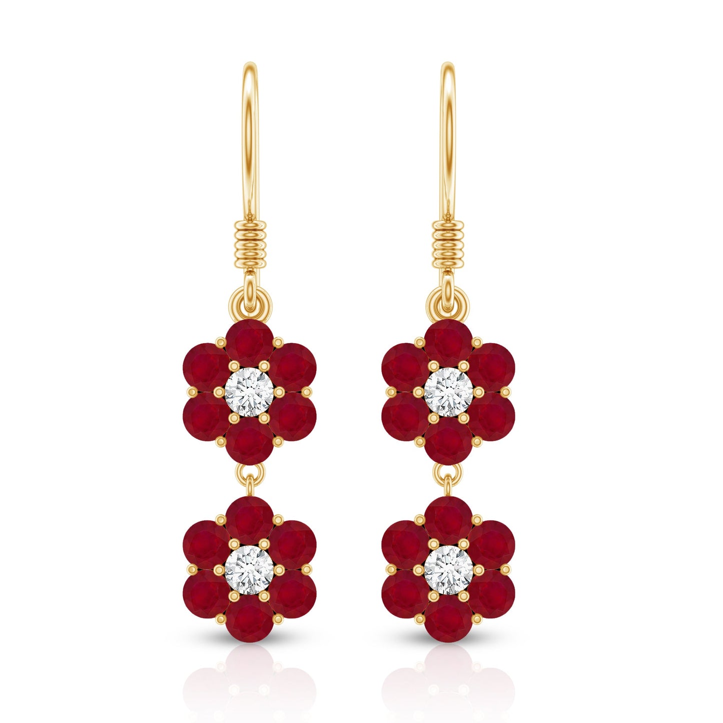 Natural Ruby Flower Dangle Earrings with Fish Hook