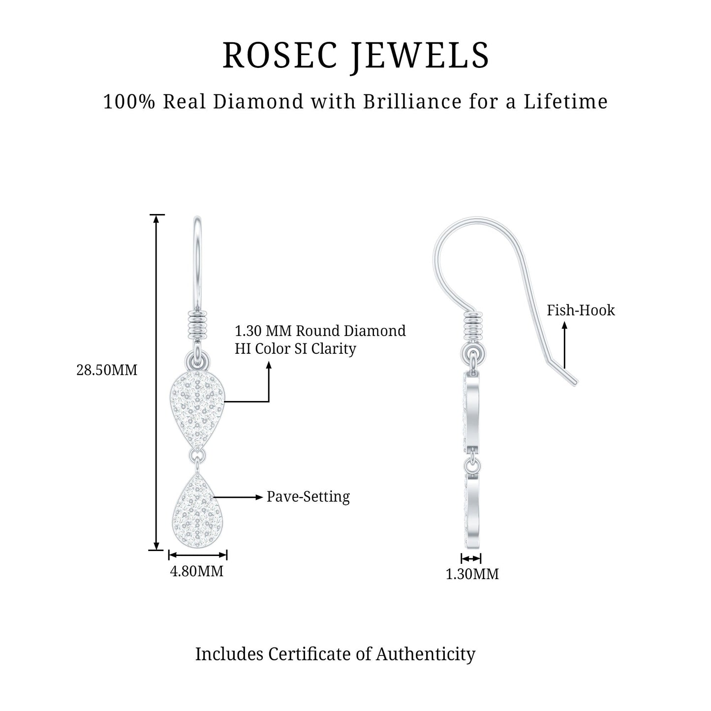 Pave Set Genuine Diamond Teardrop Dangle Earrings with Fish Hook
