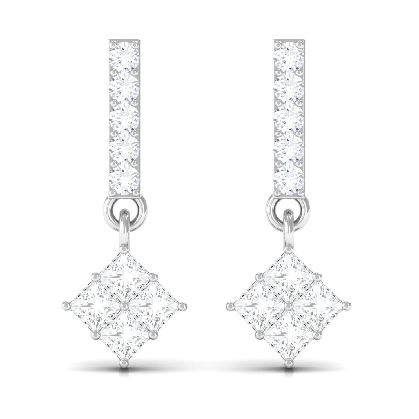 Princess and Round Cut Diamond Contemporary Dangle Earrings