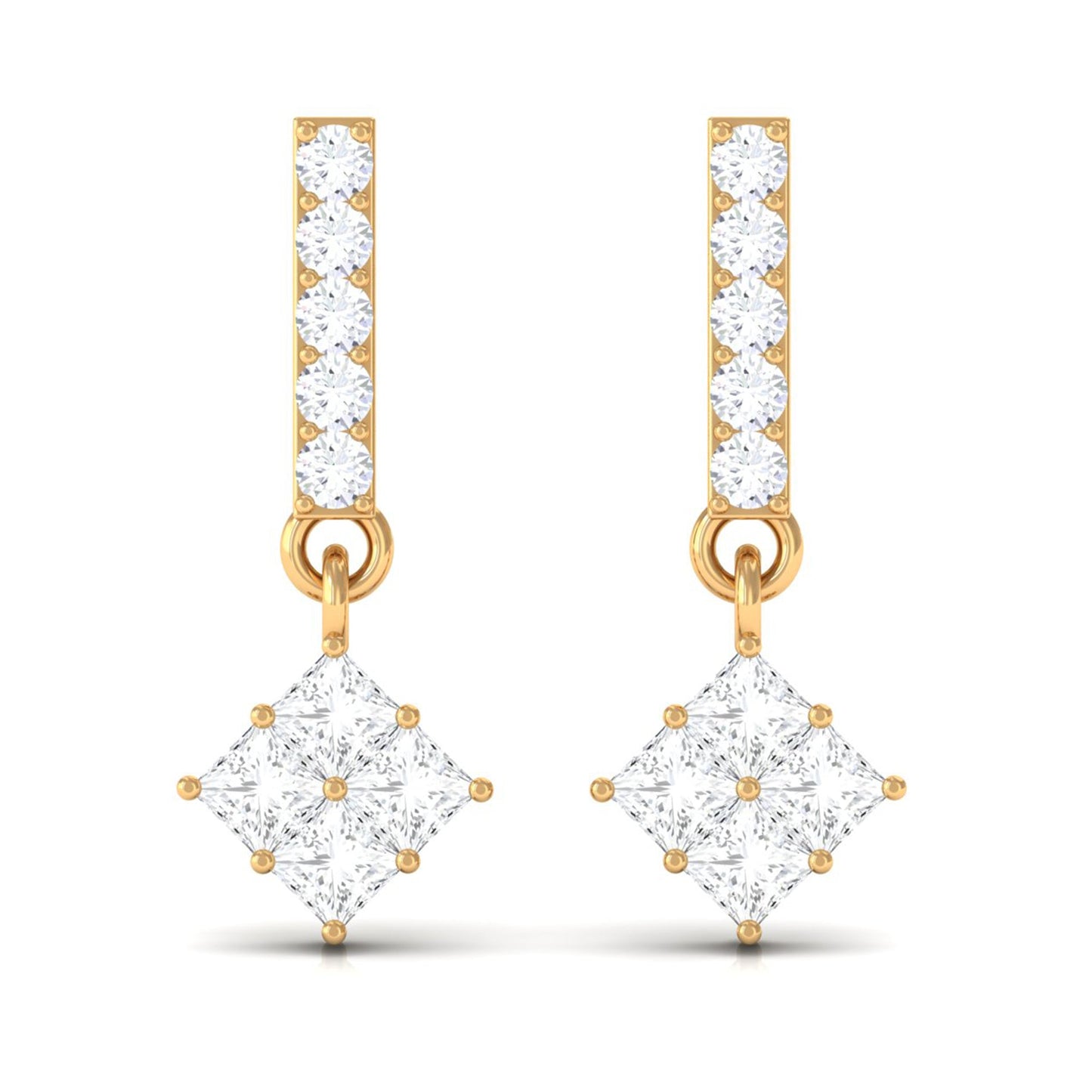 Princess and Round Cut Diamond Contemporary Dangle Earrings