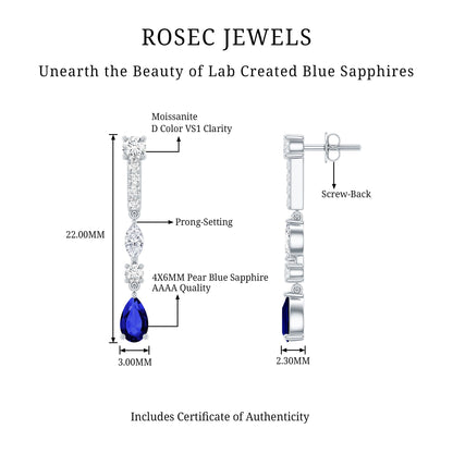 Pear Cut Created Blue Sapphire and Moissanite Long Dangle Earrings