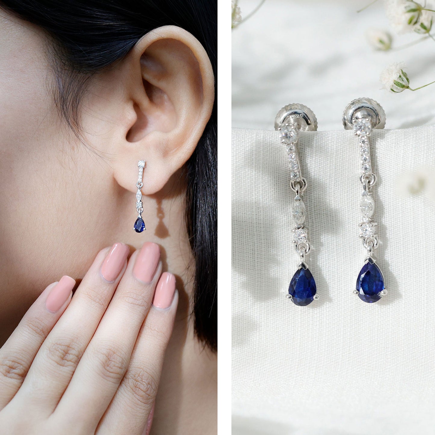 Womens Lab Grown Blue Sapphire Drop Dangle Earrings with Certificate