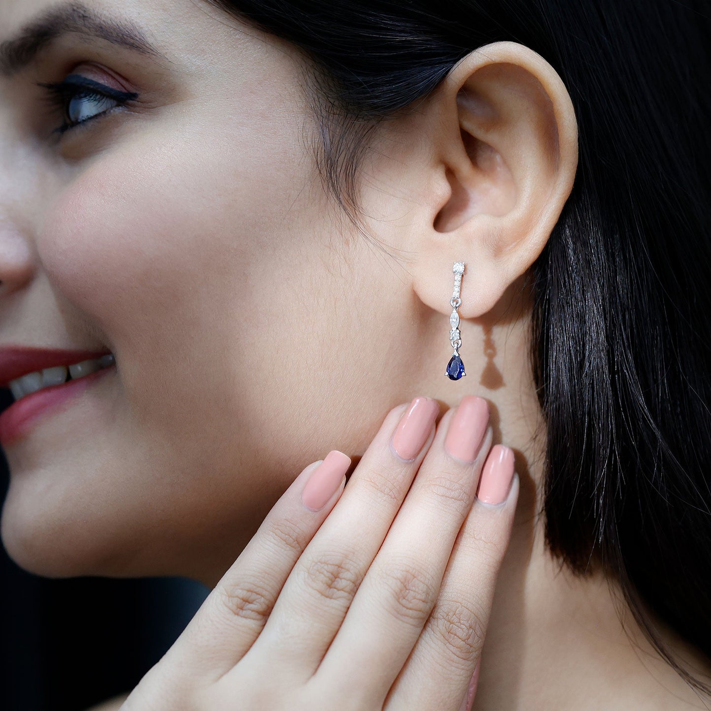 Pear Cut Created Blue Sapphire and Moissanite Long Dangle Earrings