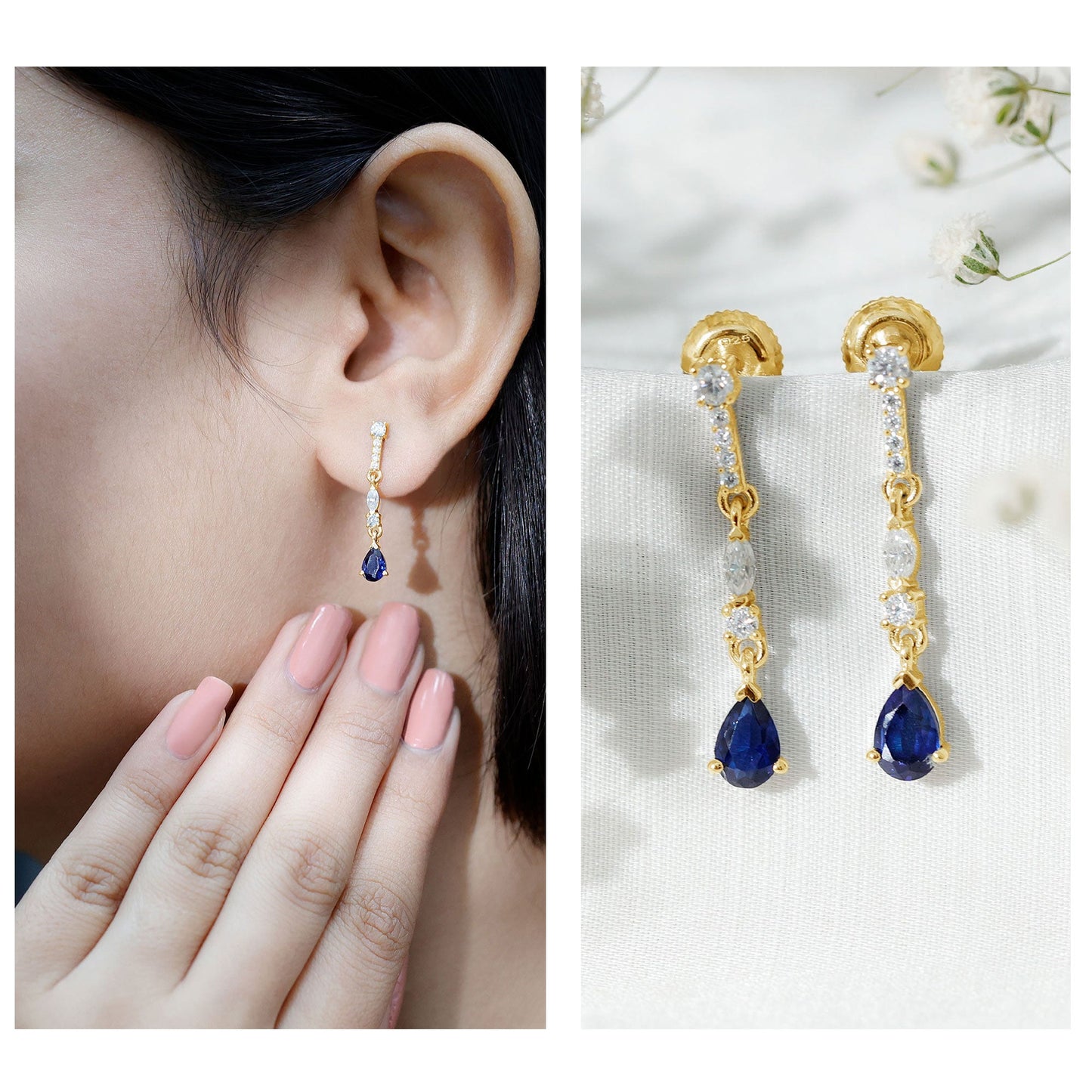 Pear Cut Created Blue Sapphire and Moissanite Long Dangle Earrings