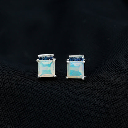 Princess Cut Ethiopian Opal Stud Earrings with Blue Sapphire Trio
