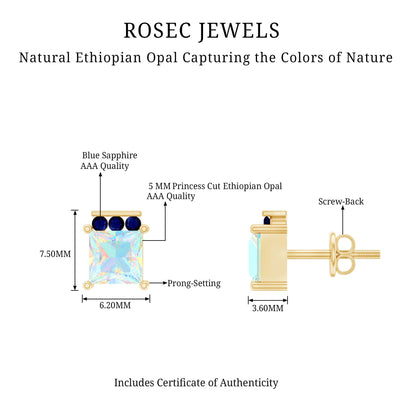 Princess Cut Ethiopian Opal Stud Earrings with Blue Sapphire Trio