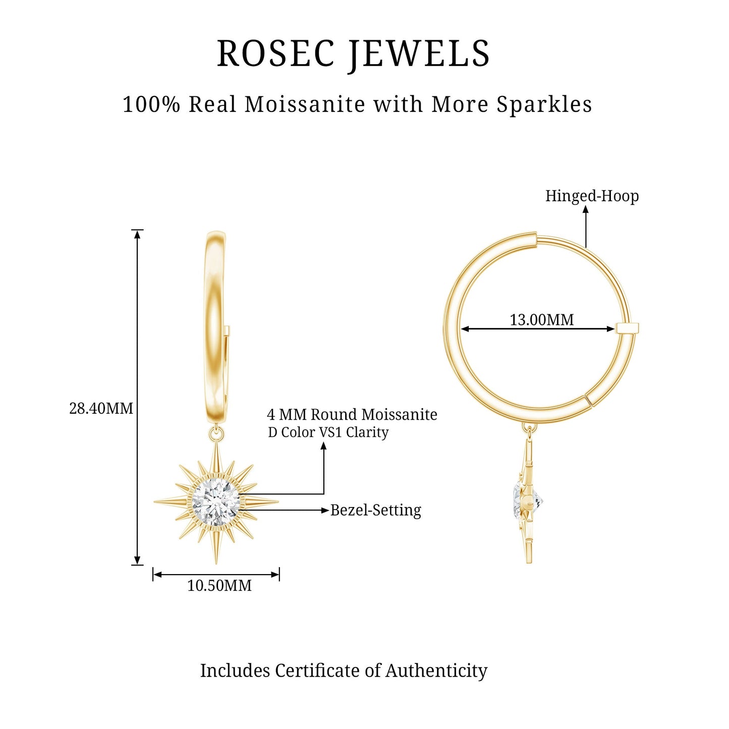Bezel Set Round Moissanite Sunburst Hoop Drop Earrings
