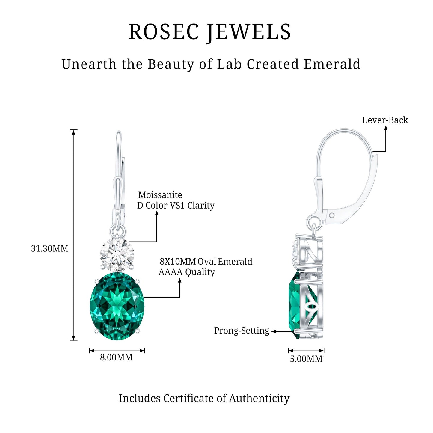 Certified 6 Carat Oval Cut Lab Grown Emerald Drop Hoop Earrings