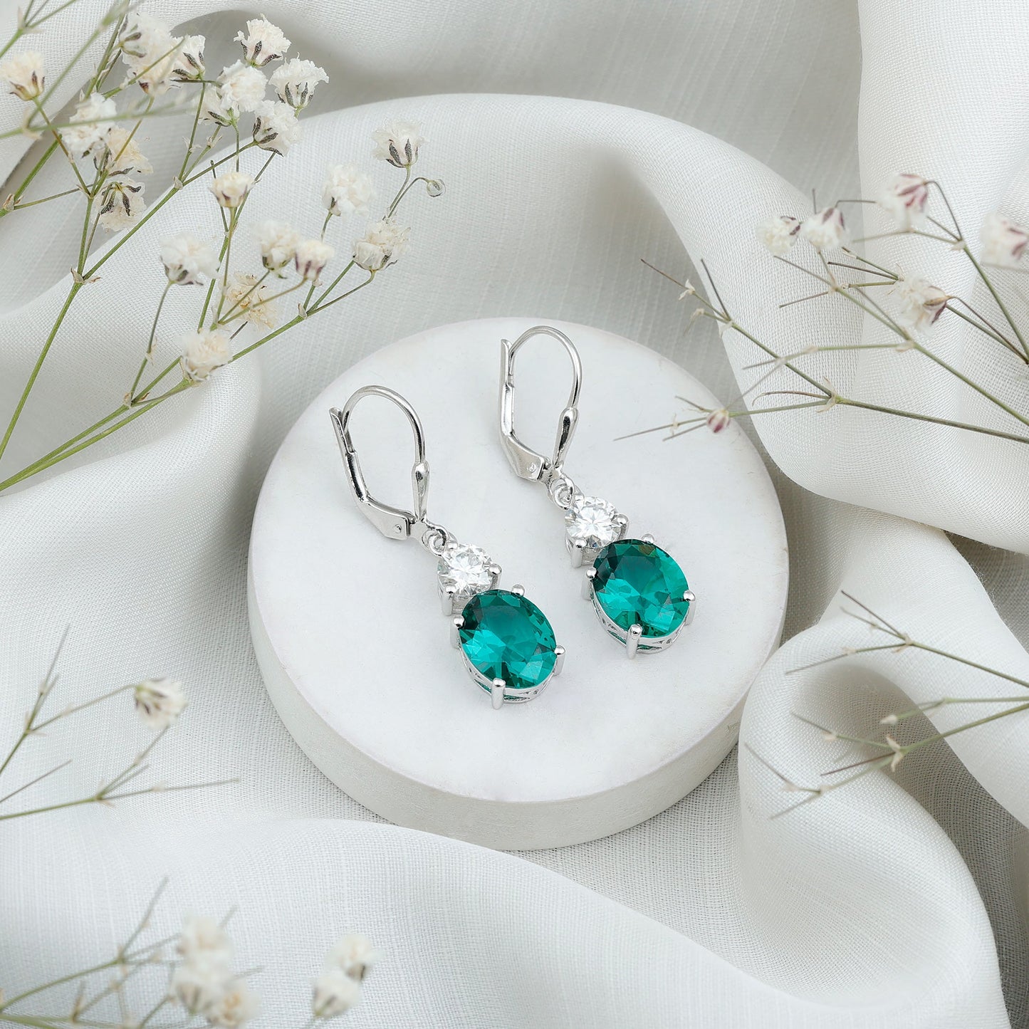 Lab Grown Emerald Oval Drop Earrings With Moissanite