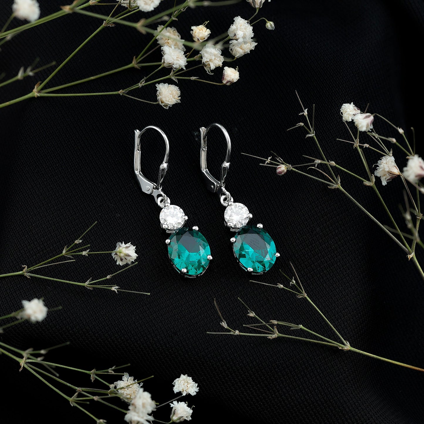 Lab Grown Emerald Oval Drop Earrings With Moissanite