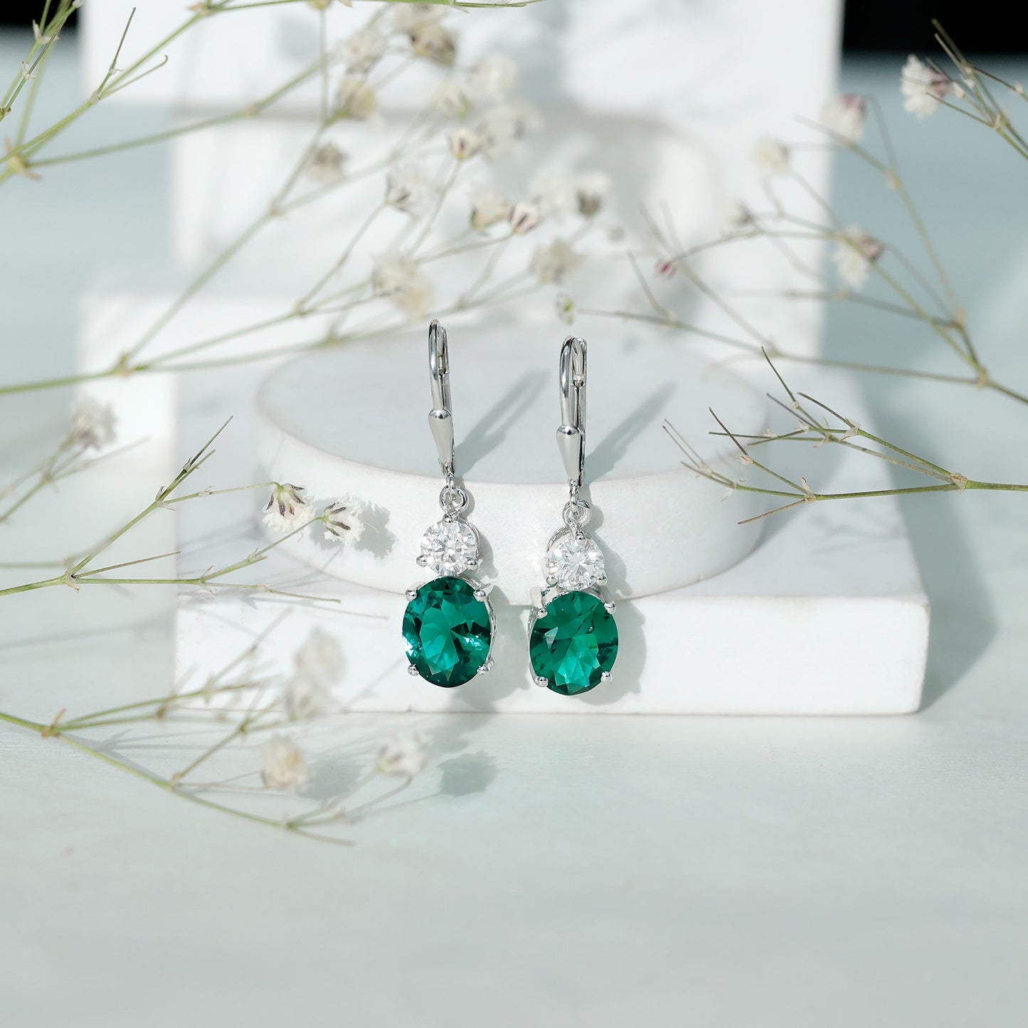 Certified 6 Carat Oval Cut Lab Grown Emerald Drop Hoop Earrings