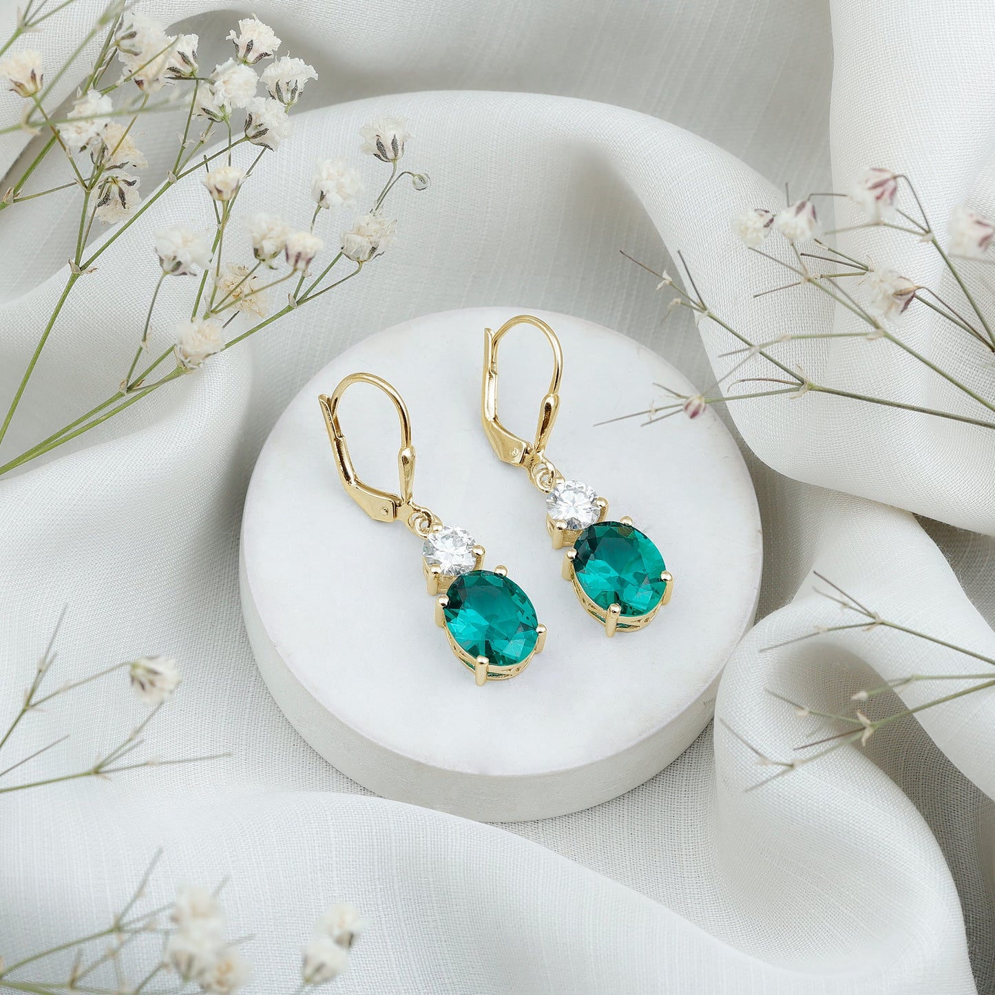 Lab Grown Emerald Oval Drop Earrings With Moissanite
