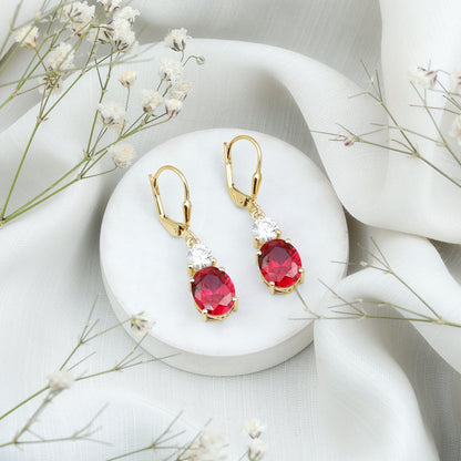 Oval Shape Lab Created Ruby Dangle Drop Earrings with Moissanite