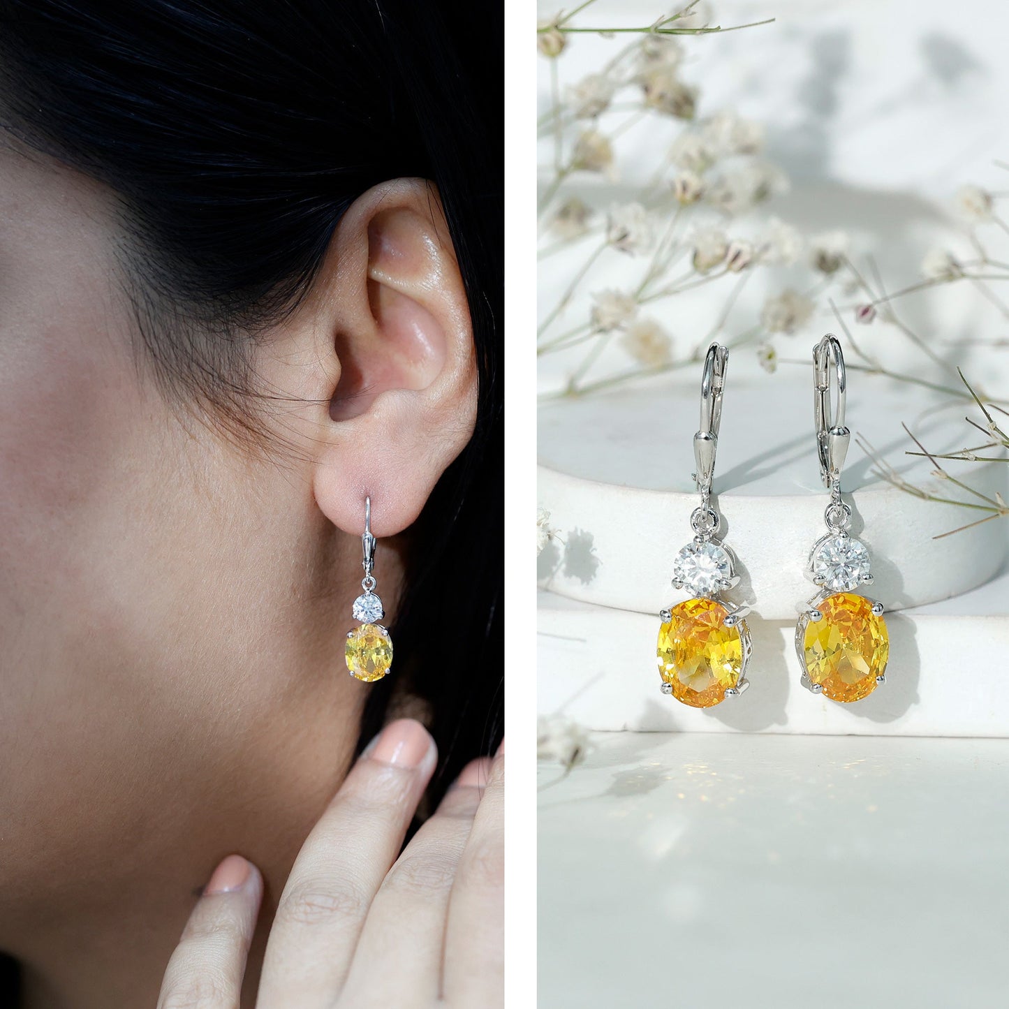 8 Carat Lab Grown Yellow Sapphire Drop Earrings with Leverback