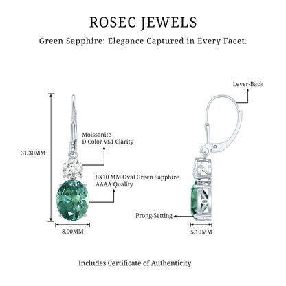 8 Carat Lab Grown Green Sapphire Drop Hoop Earrings with Certificate