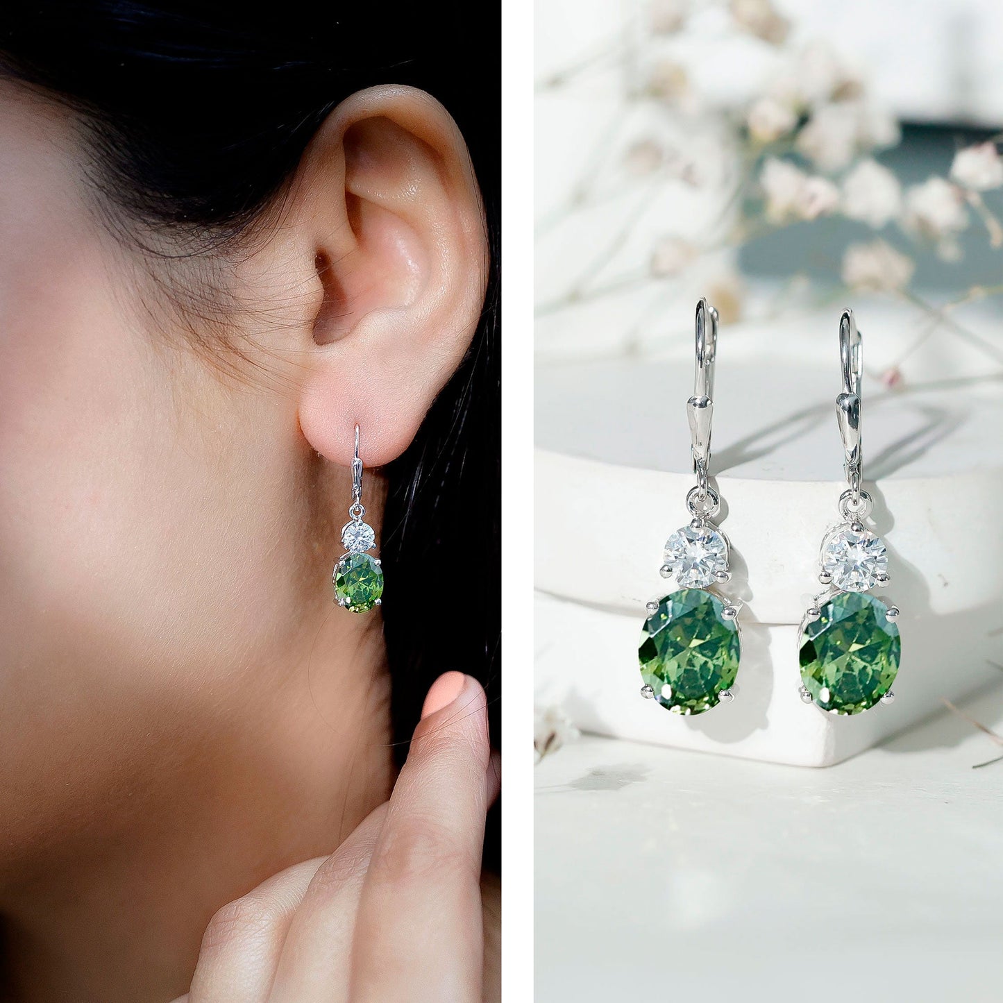 8 Carat Lab Grown Green Sapphire Drop Hoop Earrings with Certificate