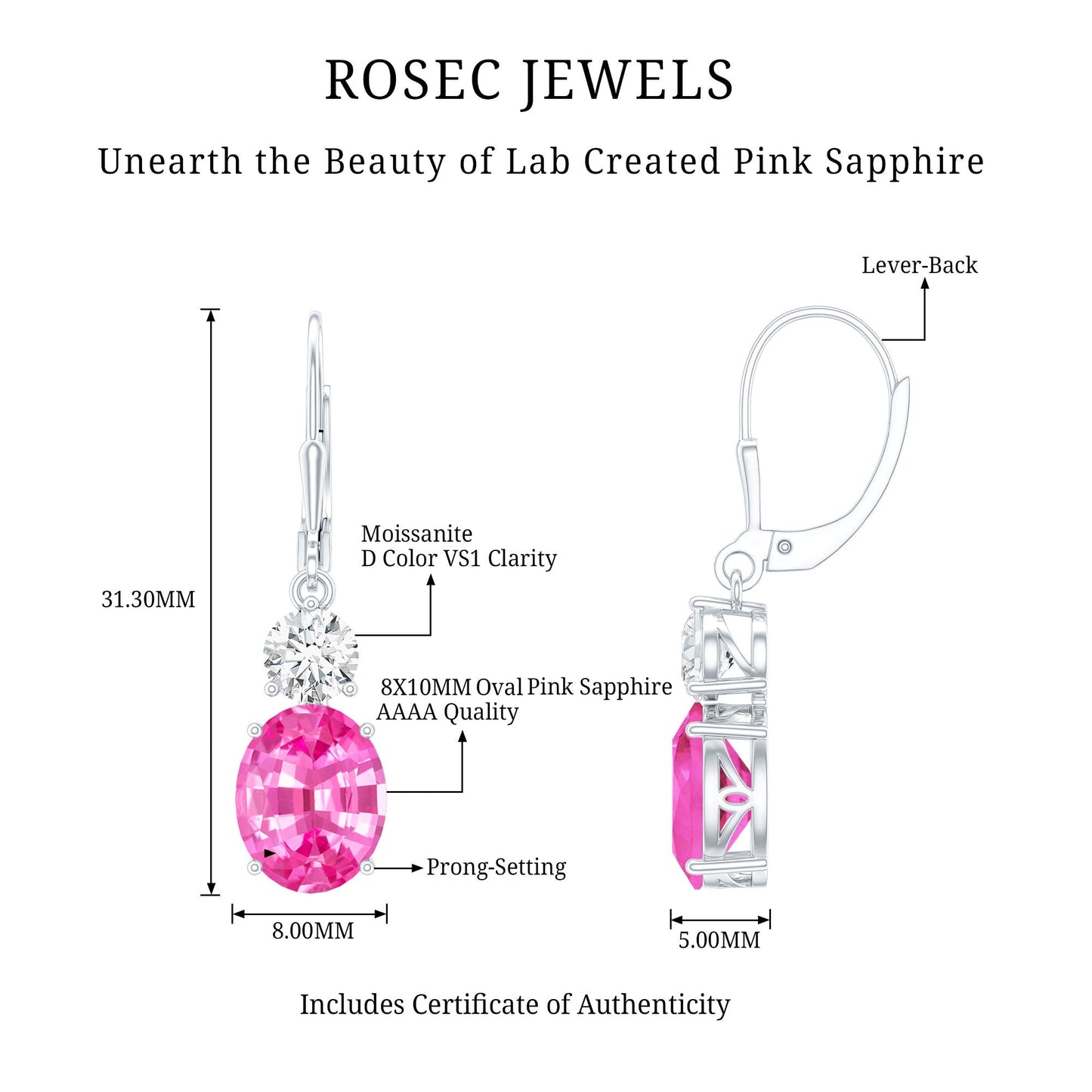Lab Grown Pink Sapphire and Moissanite Drop Earrings With Leverback