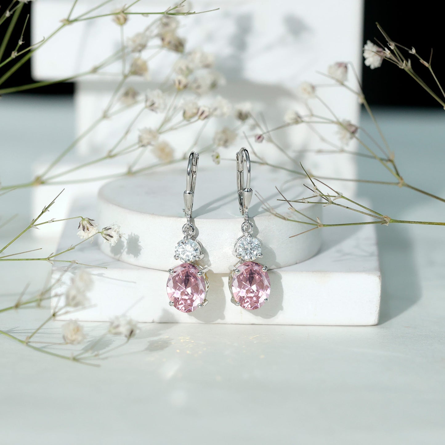 8 Carat Oval Lab Grown Pink Sapphire Drop Hoop Earrings