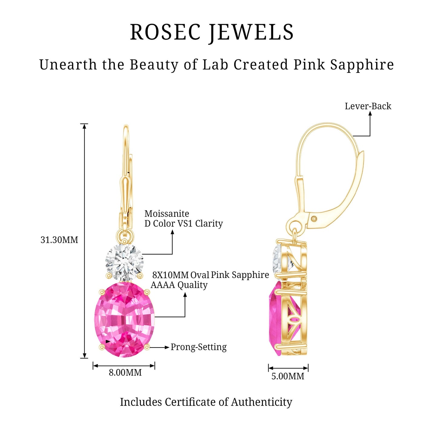 Lab Grown Pink Sapphire and Moissanite Drop Earrings With Leverback