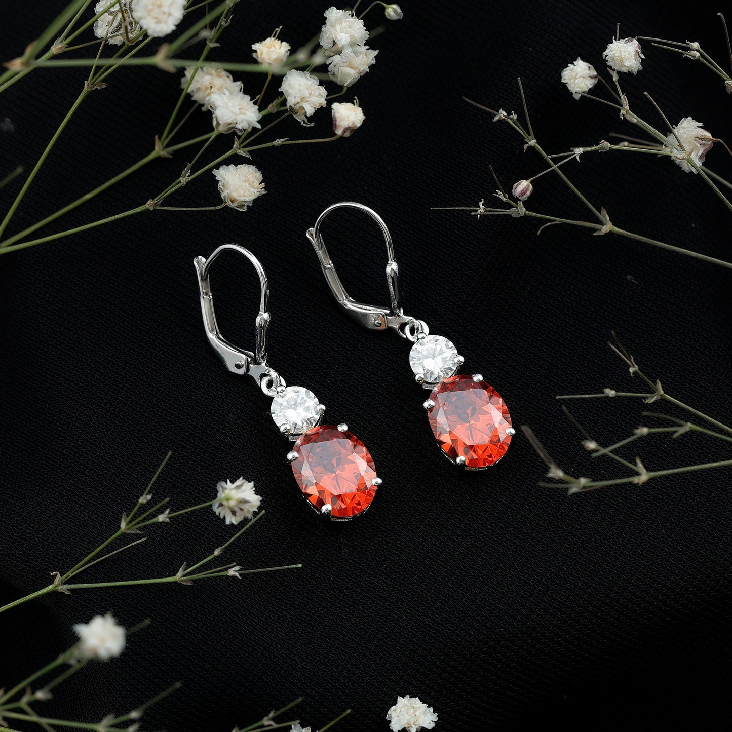 Certified 8 Carat Lab Grown Orange Sapphire Drop Earrings with Moissanite