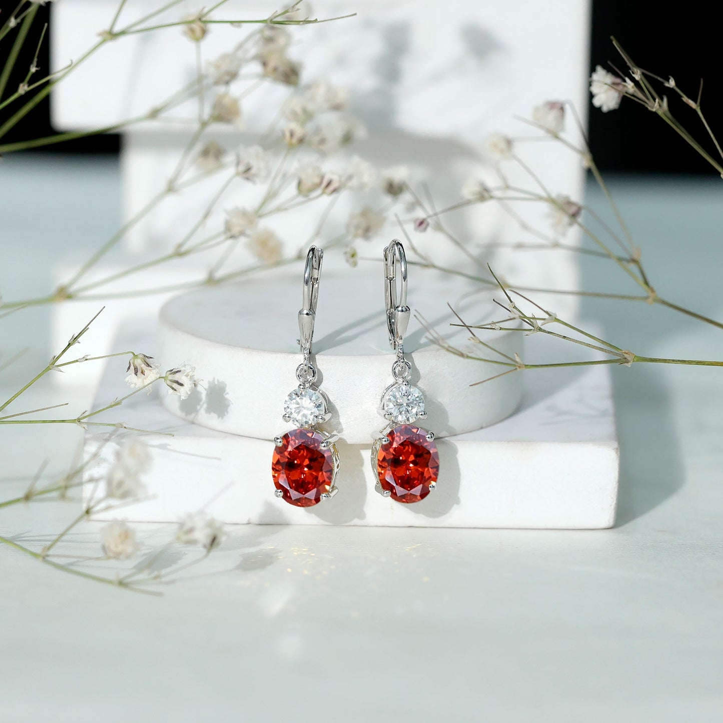 Certified Lab Grown Orange Sapphire And Moissanite Drop Dangle Earrings
