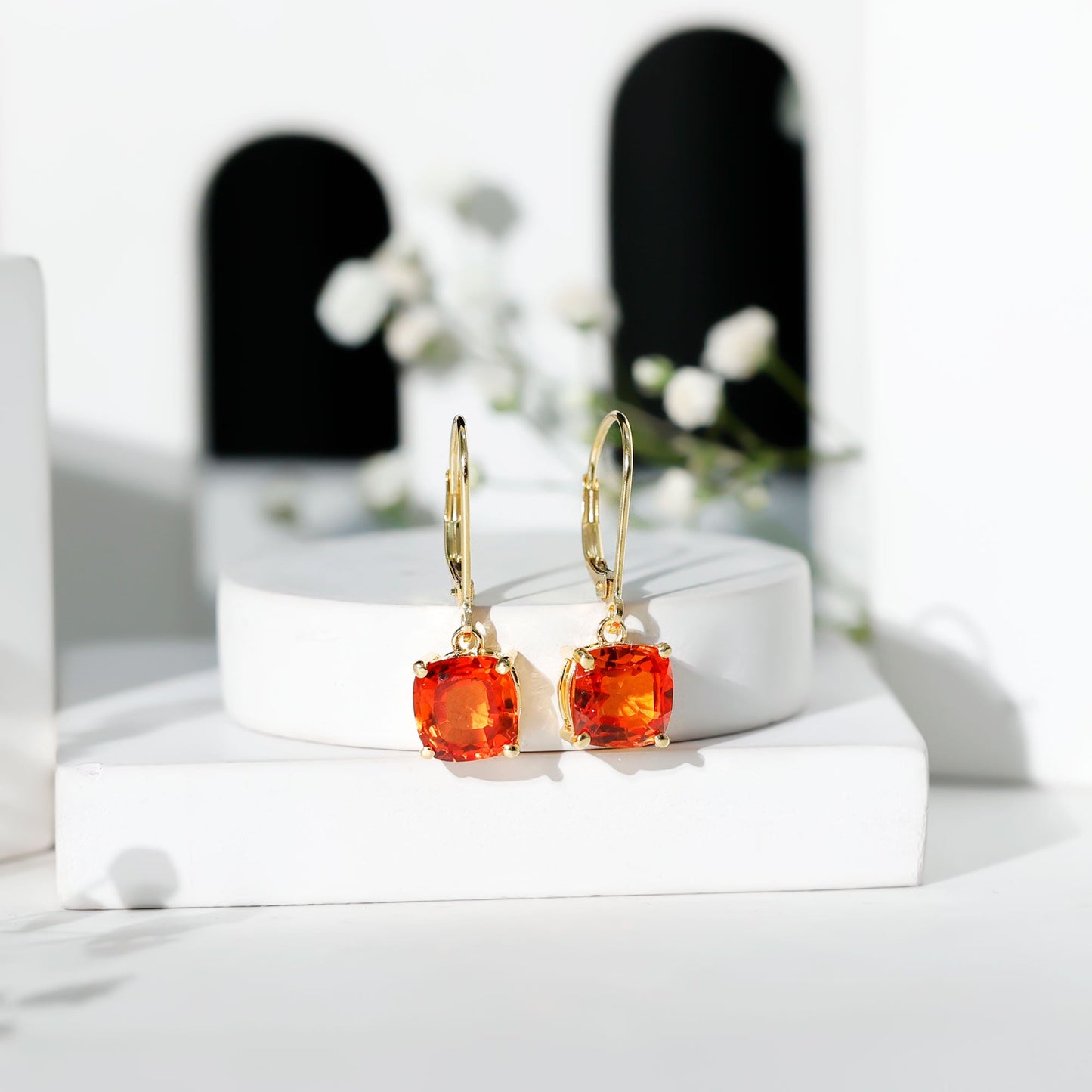 5.5 CT Cushion Cut Lab Created Orange Sapphire Drop Earrings