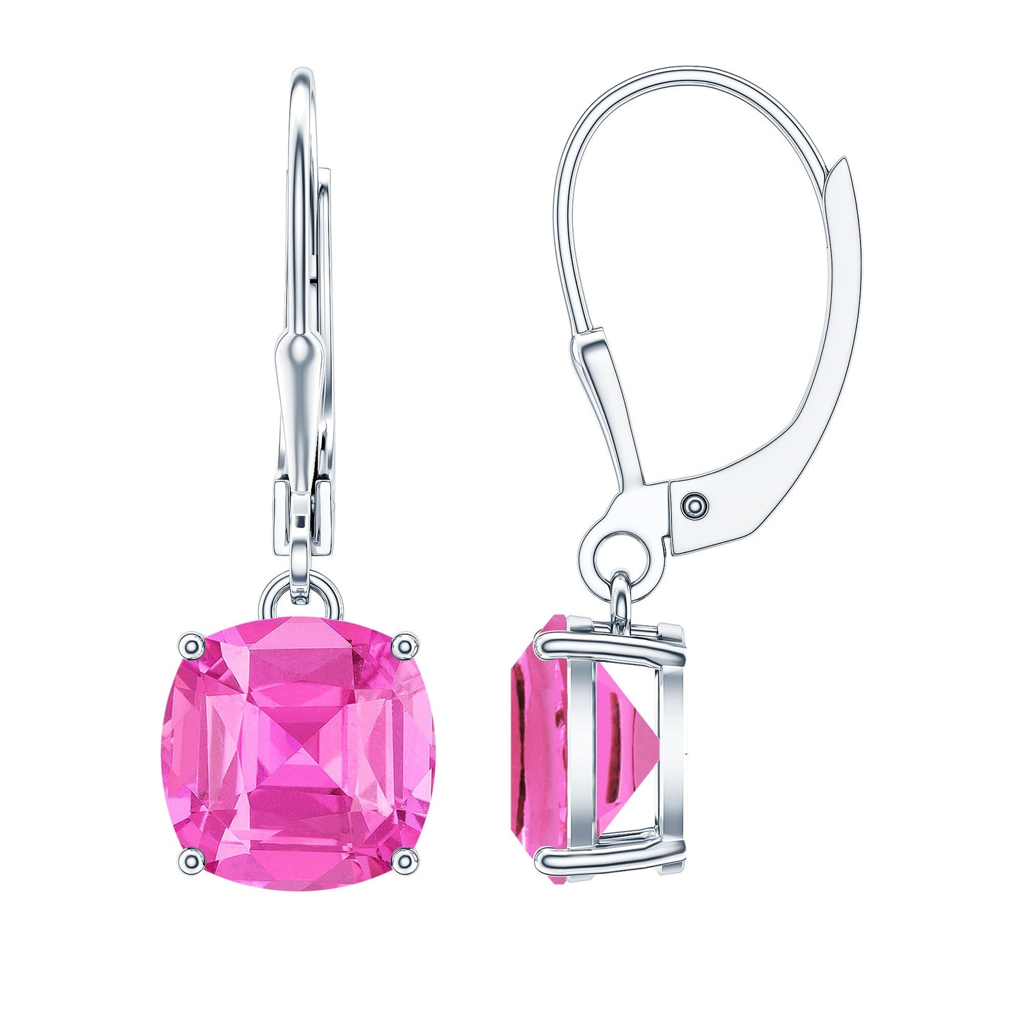 Cushion Cut Lab Created Pink Sapphire Solitaire Drop Earrings with Leverback