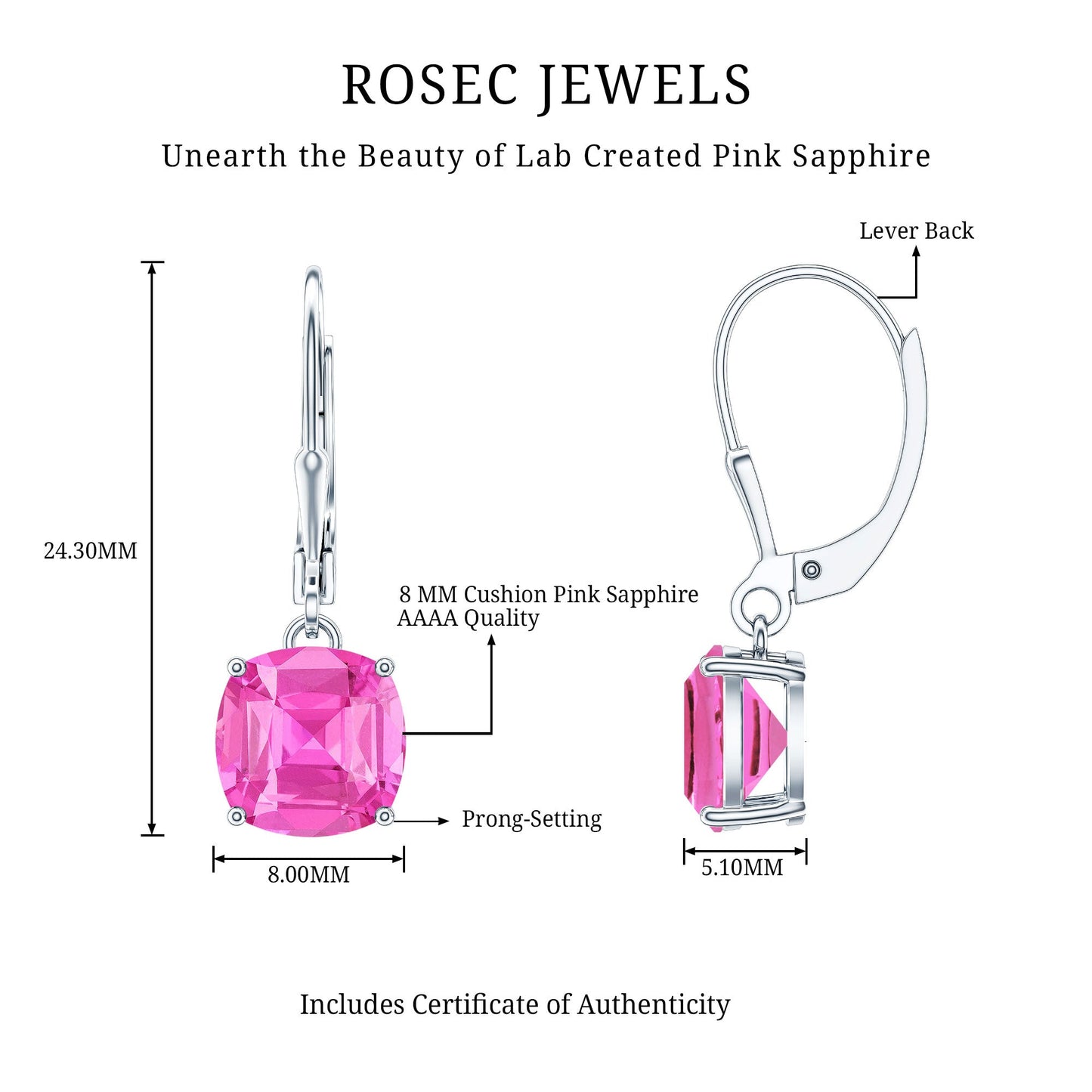 Cushion Cut Lab Created Pink Sapphire Solitaire Drop Earrings with Leverback