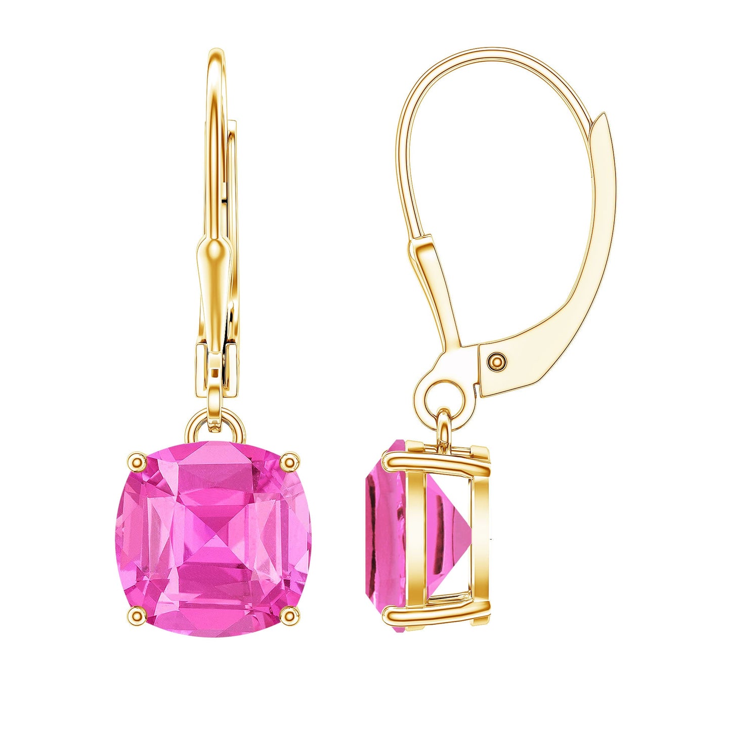 Cushion Cut Lab Created Pink Sapphire Solitaire Drop Earrings with Leverback