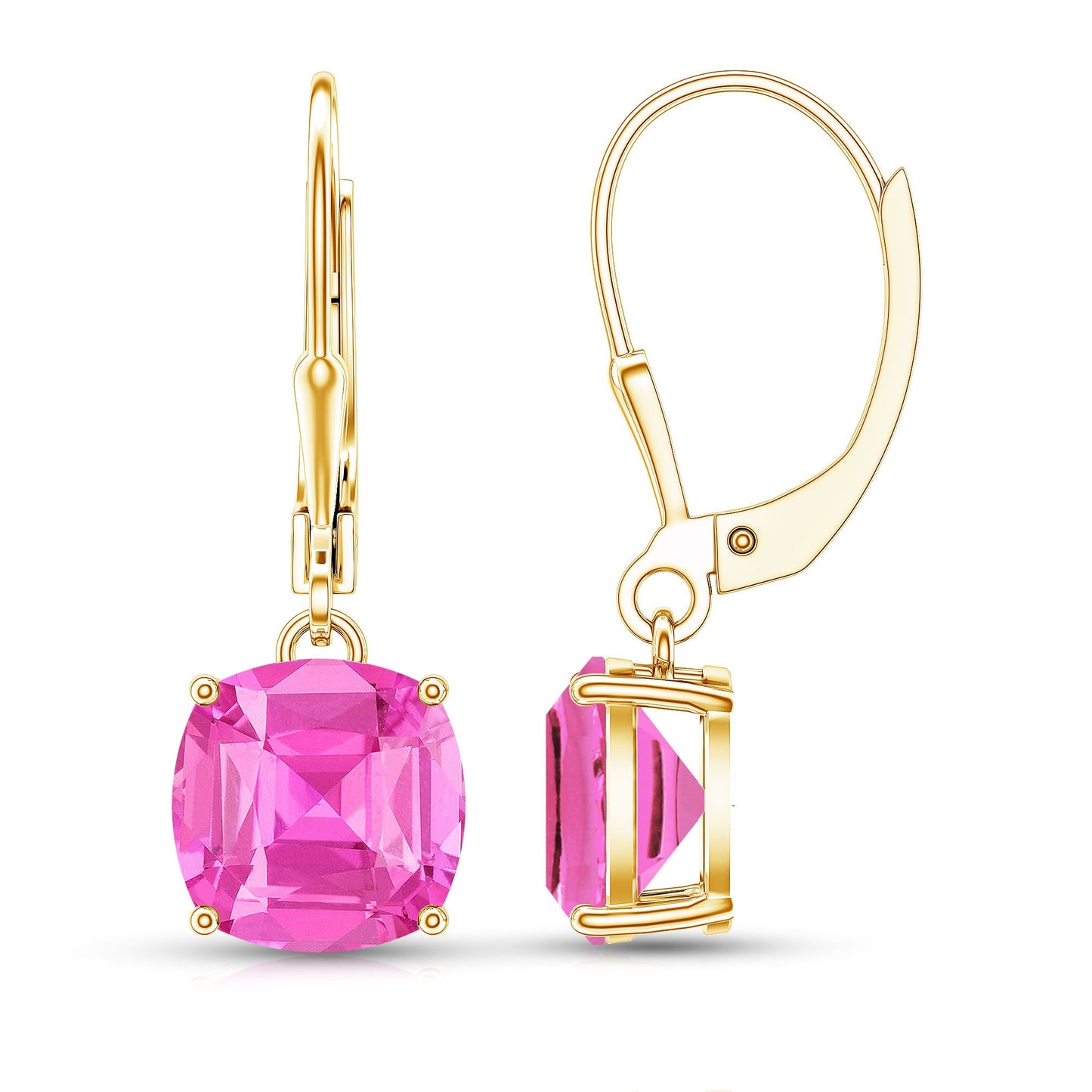 Cushion Cut Lab Created Pink Sapphire Solitaire Drop Earrings with Leverback