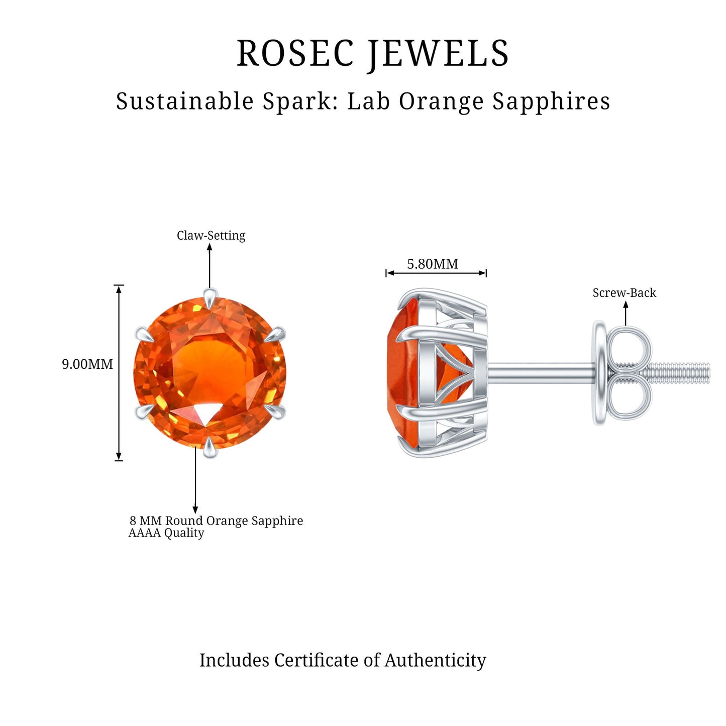 4.5 Carat Round Lab Created Orange Sapphire Solitaire Stud Earrings