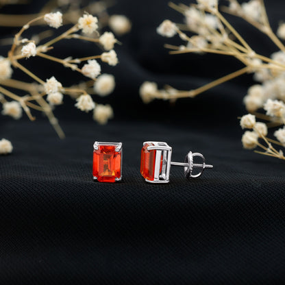 Lab Grown Orange Sapphire Emerald Cut Stud Earrings