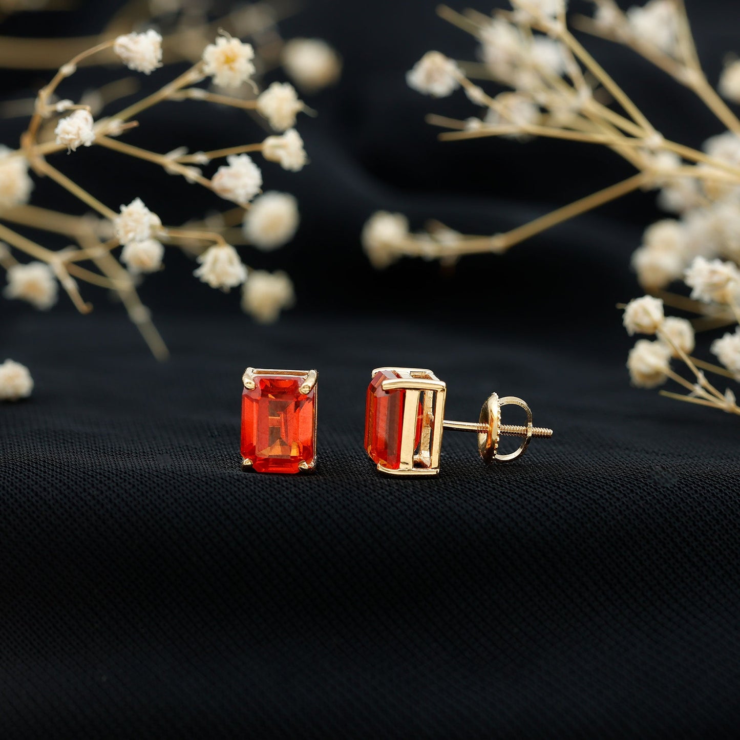 Lab Grown Orange Sapphire Emerald Cut Stud Earrings