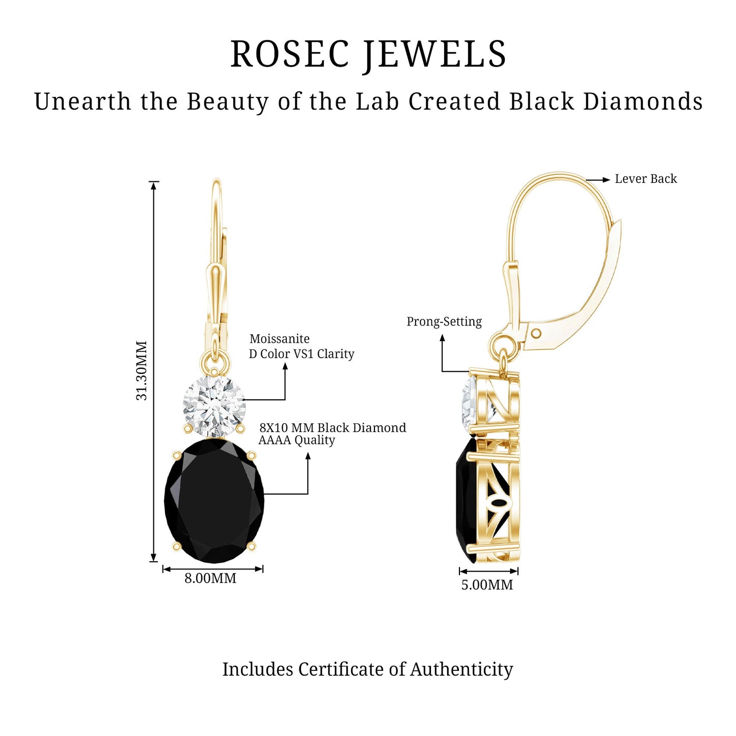 Oval Shaped Lab Created Black Diamond Drop Earrings with Moissanite