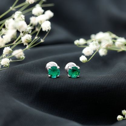Round Shape Lab Grown Emerald Solitaire Stud Earrings