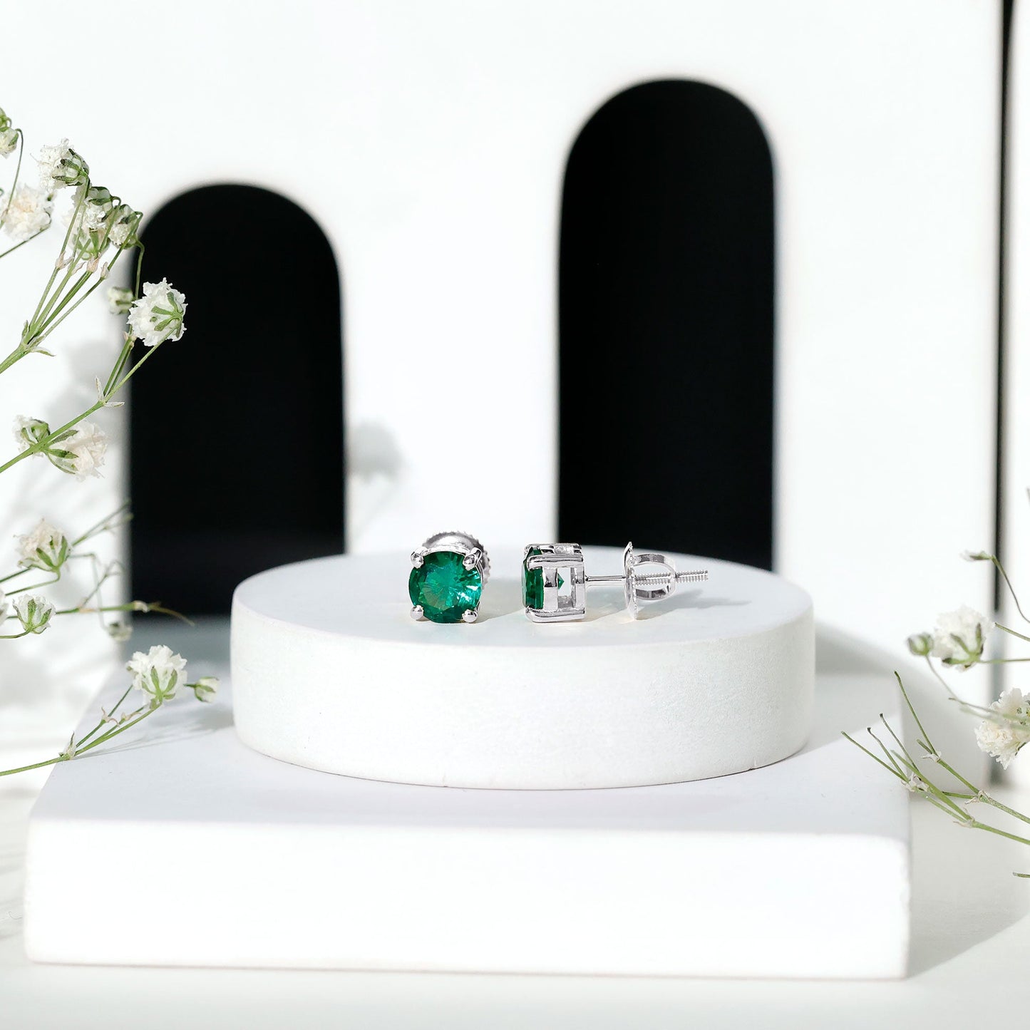 Round Shape Lab Grown Emerald Solitaire Stud Earrings