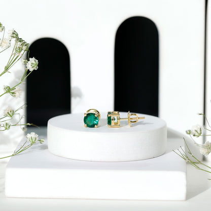 Round Shape Lab Grown Emerald Solitaire Stud Earrings