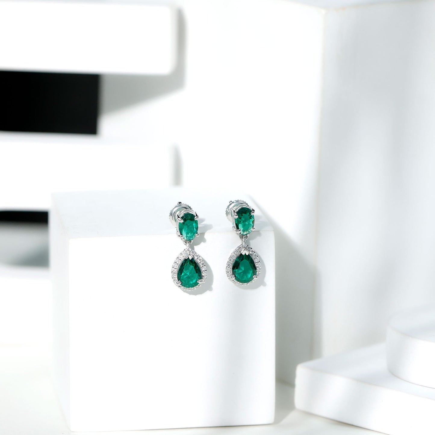 Lab Created Emerald Classic Dangle Earrings with Moissanite