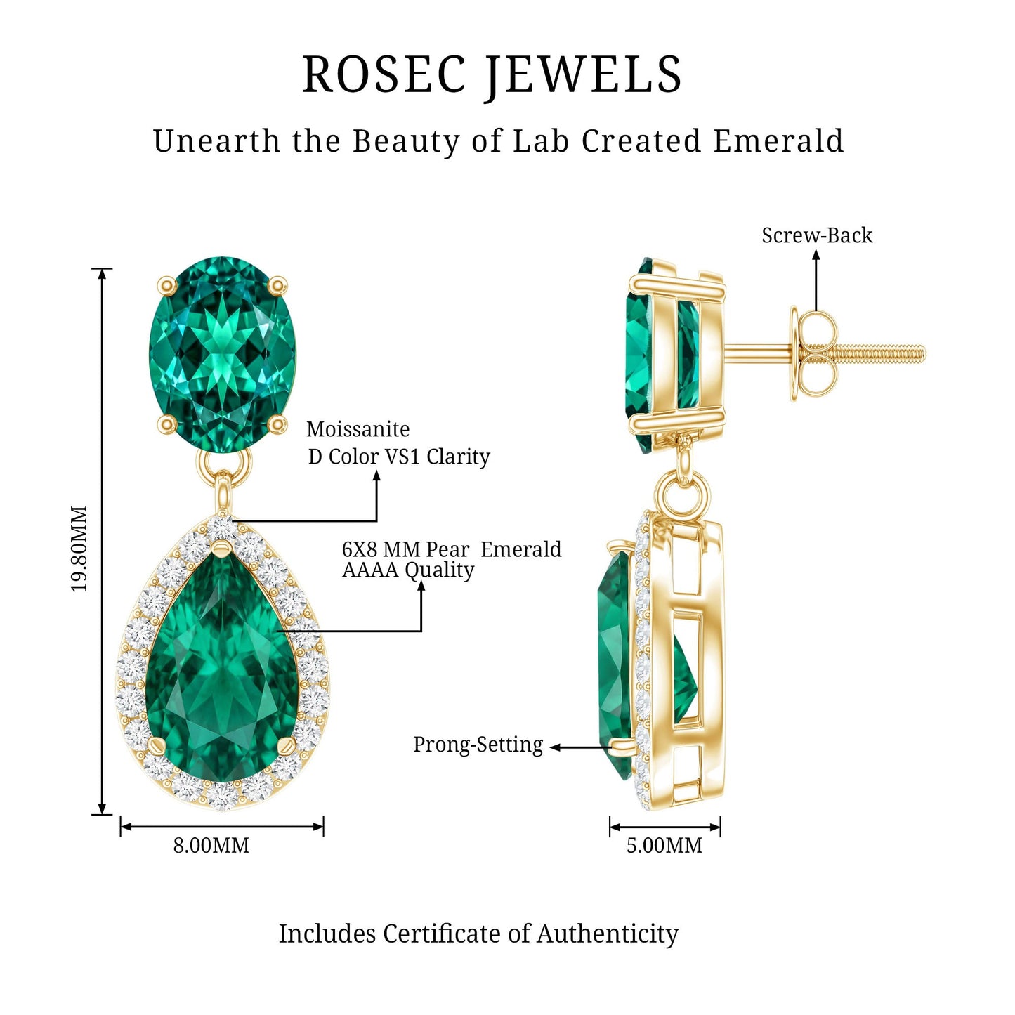 Lab Created Emerald Classic Dangle Earrings with Moissanite