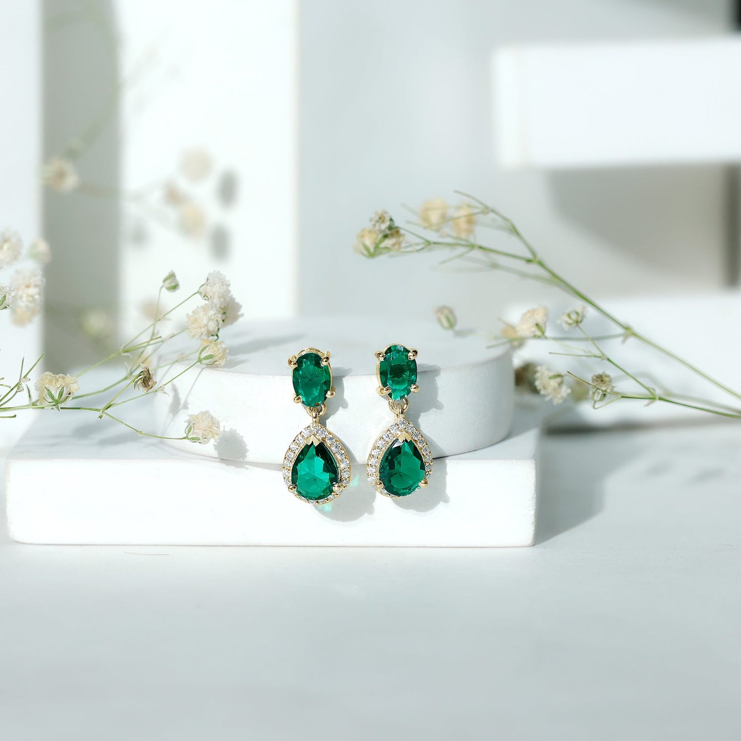 Lab Created Emerald Classic Dangle Earrings with Moissanite