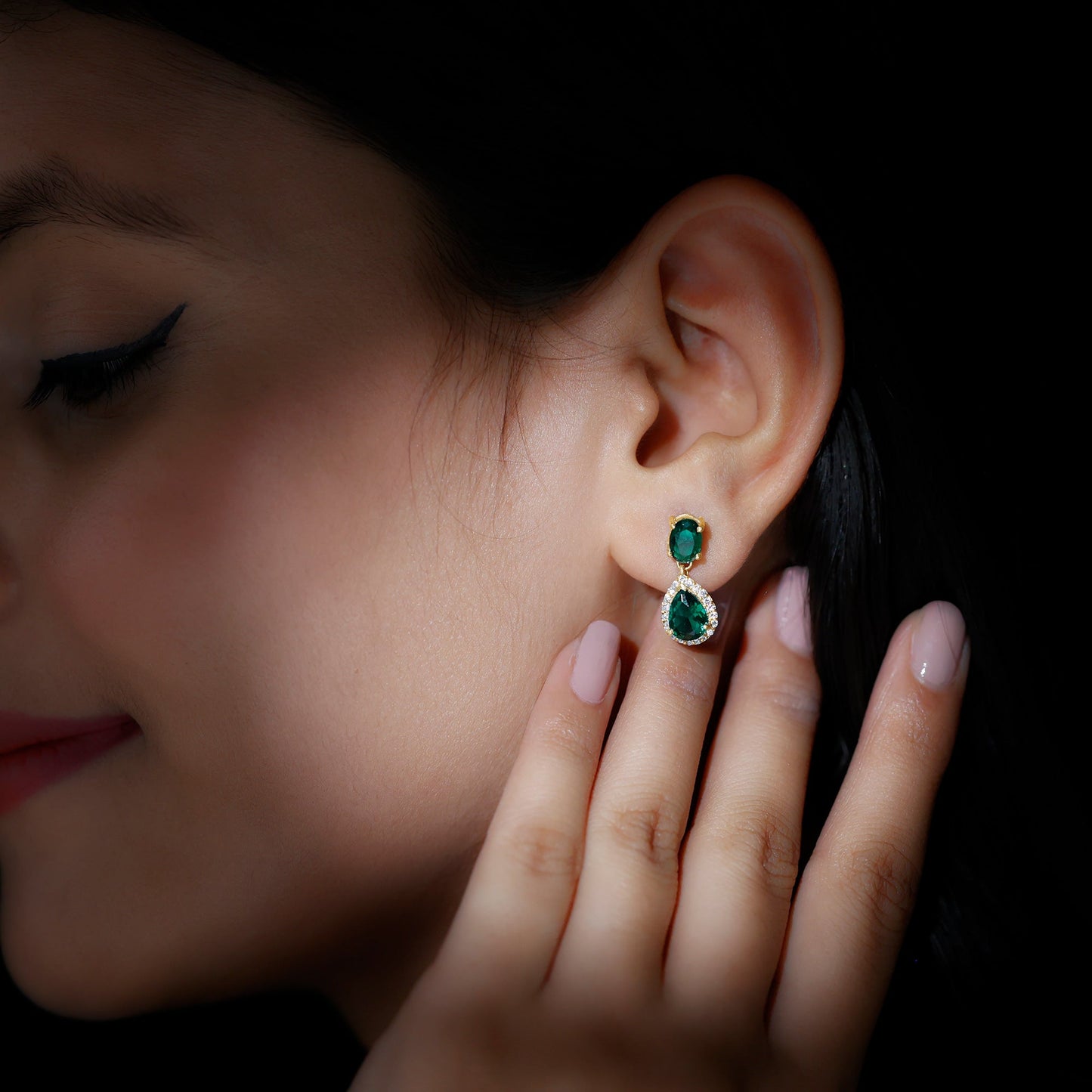 Lab Created Emerald Classic Dangle Earrings with Moissanite
