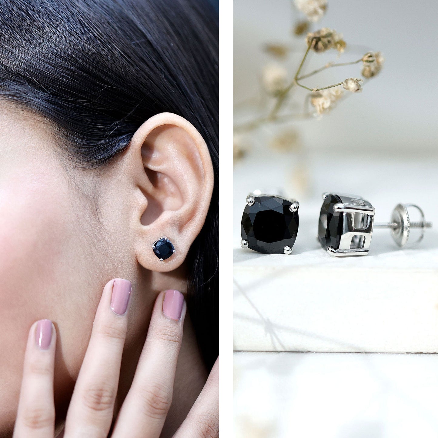 4 Carat Cushion Cut Black Spinel Solitaire Stud Earrings