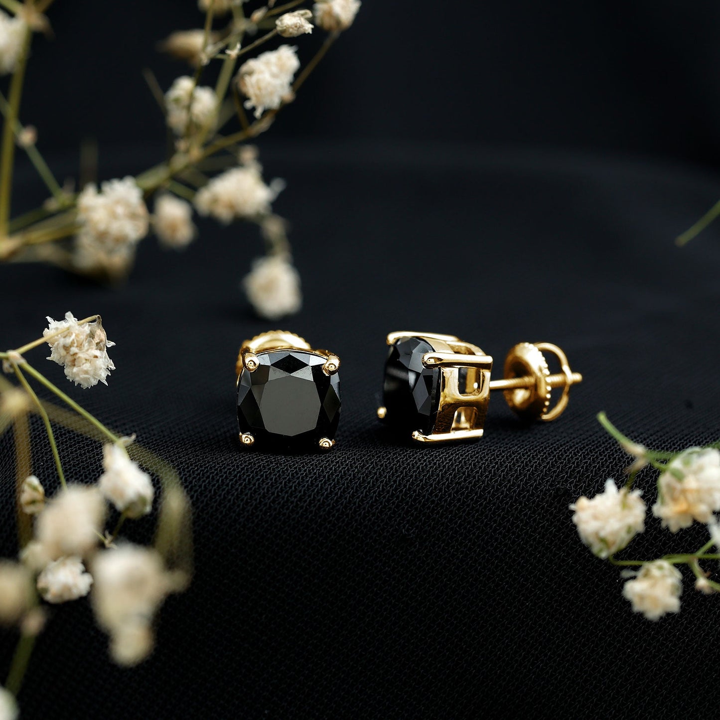 4 Carat Cushion Cut Black Spinel Solitaire Stud Earrings