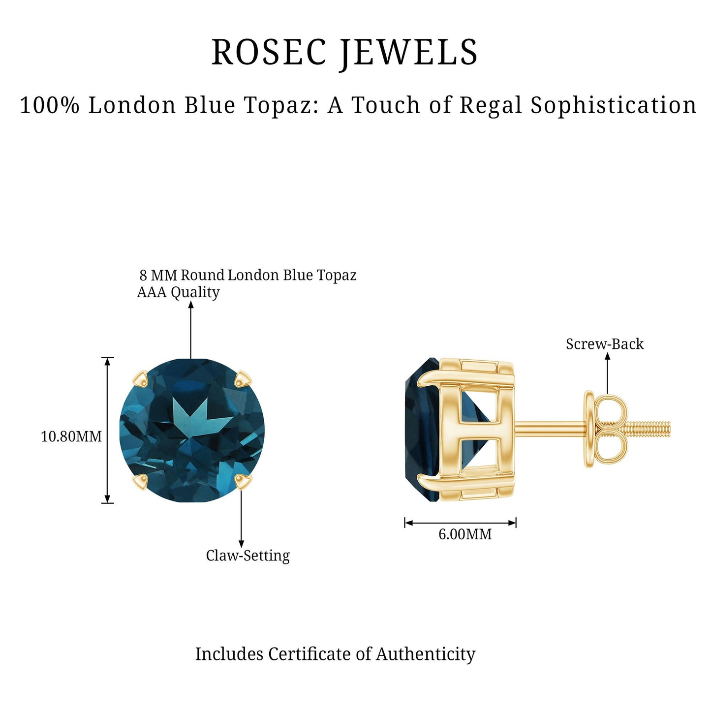 Solitaire 4 Carat London Blue Topaz Stud Earrings with Screw Backs