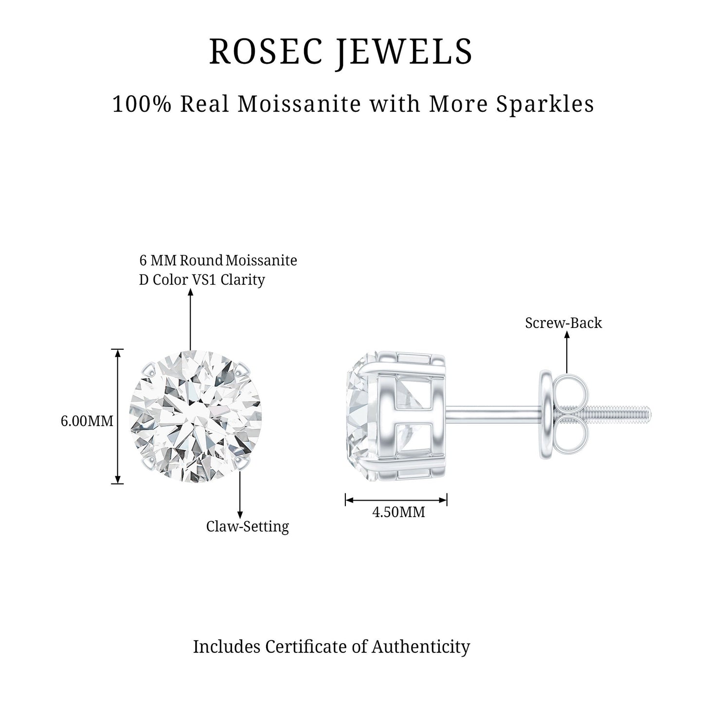 2 Carat Moissanite Solitaire Stud Earrings in Silver