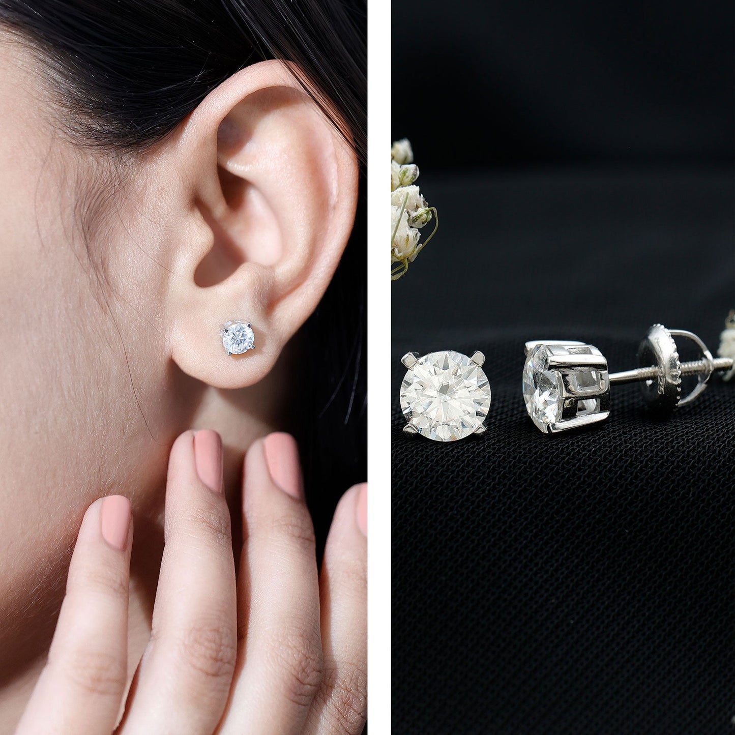 2 Carat Moissanite Solitaire Stud Earrings in Silver