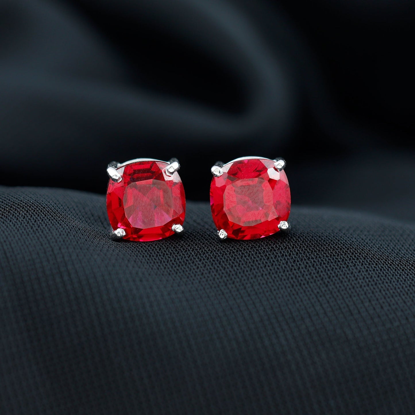 4 Carat Cushion Cut Created Ruby Solitaire Stud Earrings
